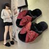 2025 Winter New Fashion Outer Wear Foreign Style Non-slip Fluffy Slippers Bow Home Fluffy Shoes