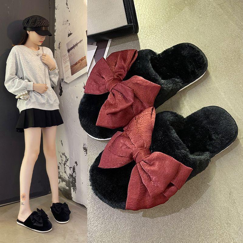 Cute Home Cotton Slippers 2025 Autumn and Winter New Thick-soled Outer Wear Student Fluffy Shoes Bow Cotton Shoes