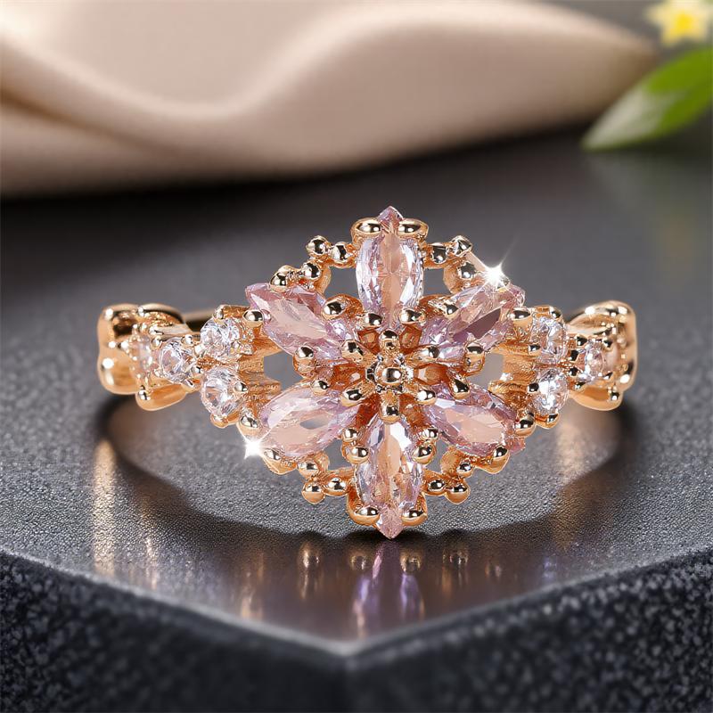 Cute Female Zircon Stone Flower Ring Gold Color Engagement Charm Wedding Jewelry For Women