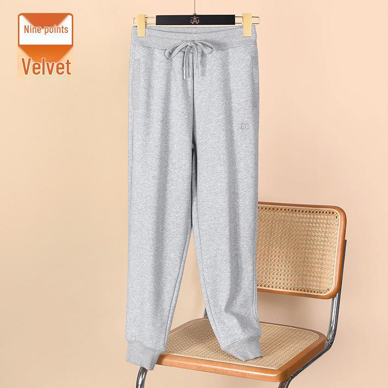 Women's Dark Green Slim Cotton Sweatpants - Warm, Casual, Plus Velvet Autumn/Winter 2025