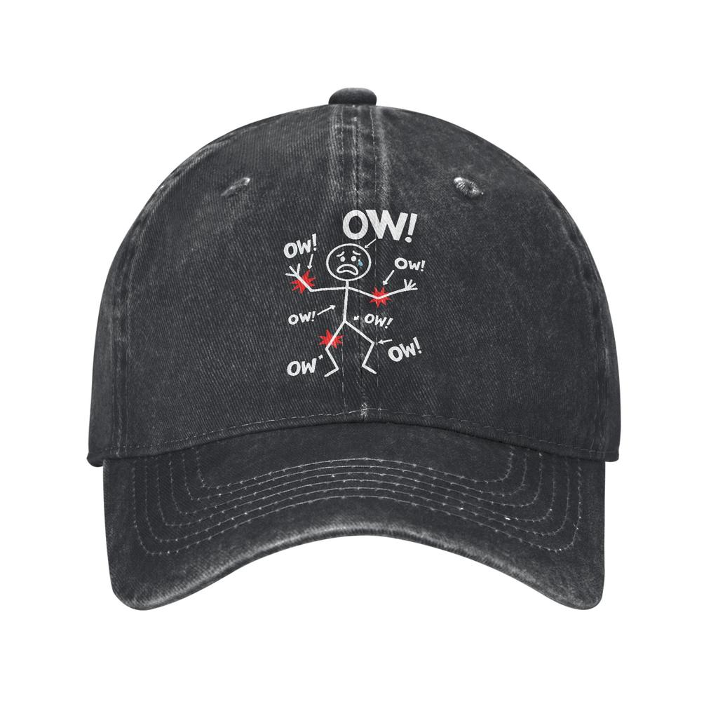 Ow Ow Ow Stick Figure Humor Baseball Caps Retro Distressed Denim Washed Chronic Pain Awareness Snapback Unisex Adjustable Hat