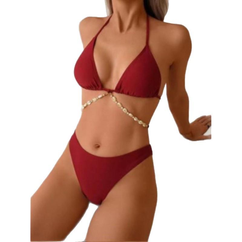 European & American Shell Chain Solid Color Split Swimsuit – Women's Sexy Bikini