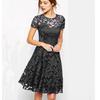 Elegant Blue Lace Trim Round Neck Short Sleeve Dress