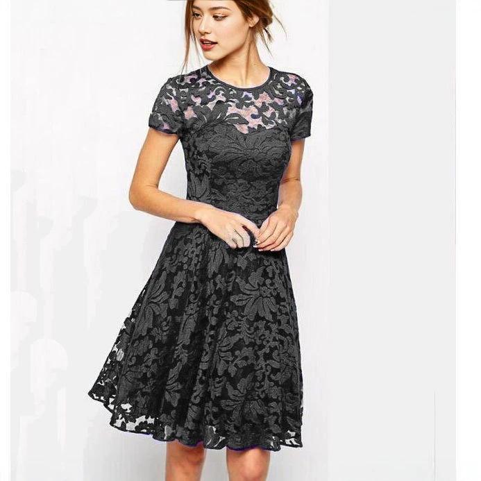Elegant Blue Lace Trim Round Neck Short Sleeve Dress