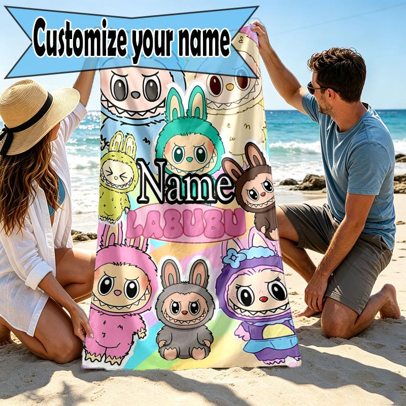 Custom Name Personalized Labubu Print Beach Towel, for Trip Camping Beach Party Home Decor, Birthday Gift for Family & Friends