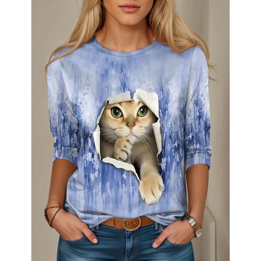 New Women's T Shirt 3D Print Kawaii Animal Graphics Long Sleeve Funny Crew Neck Regular Fit Spring/Fall Thin Style Sweatshirt