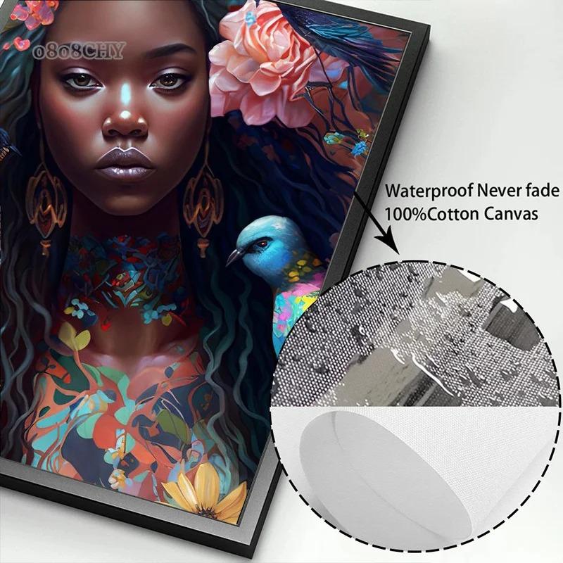 Afro Girl with Flowers Wall Art Pictrues African Beauties Flowers Fashion Canvas Painting Prints Posters for Living Room Decor
