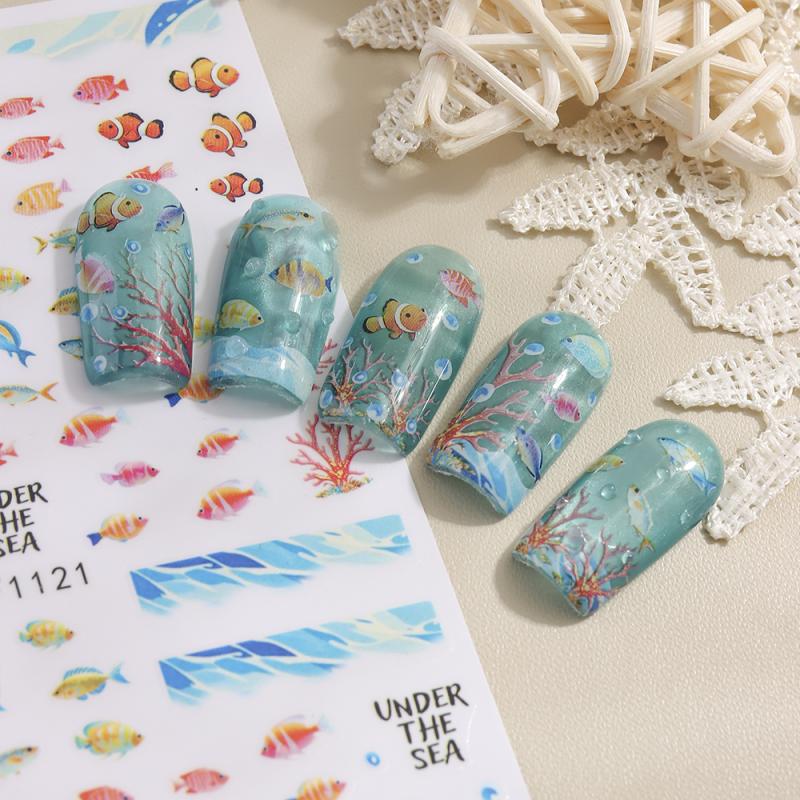 1 Sheet Holographic Jellyfish Dolphin Nail Art Stickers 3D Mermaid Ocean Shell Nail Decals Adhesive Ocean Beach Designs Nails