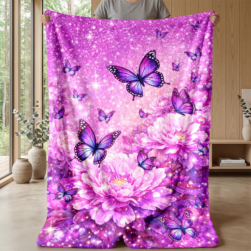 Purple Butterflies and Roses Theme Blanket Lightweight Warm Flannel Blanket Decorative Throw Blanket for Home Decoration