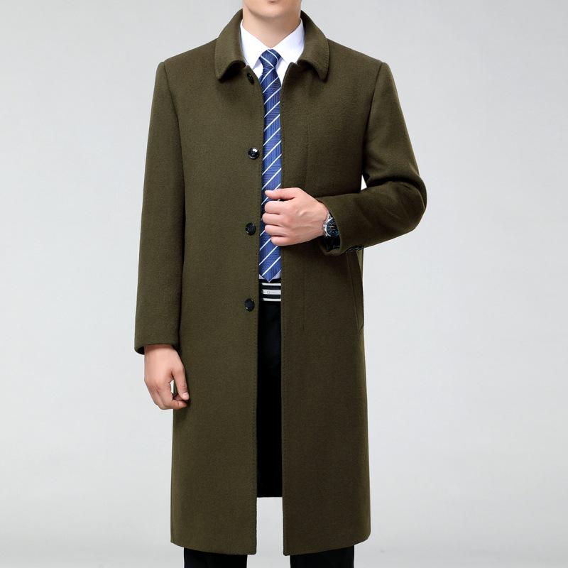 Men's Long Cashmere Coat, Below-Knee, Autumn-Winter Thick Wool Trench for Middle-Aged and Elderly.