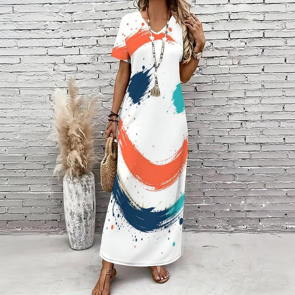 Women Plus Size V Neck Short Sleeve Printed Straight Long Dress