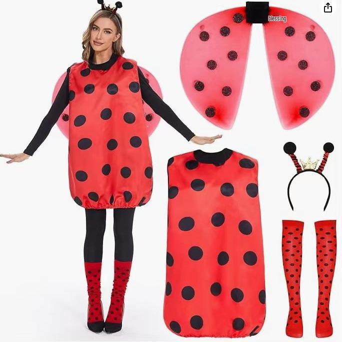 Halloween Ready Red & Black Adult Ladybug Costume Set with Wings Ladybug Costume (Clothes Only)