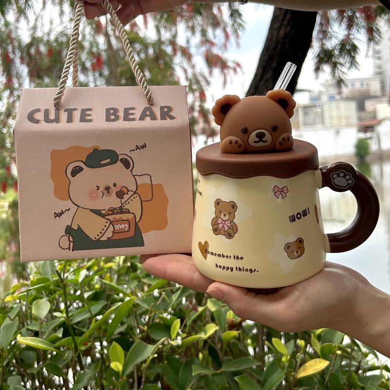 Korean version bear mug large capacity with lid straw creative cup cute coffee cup drinking cup gift box