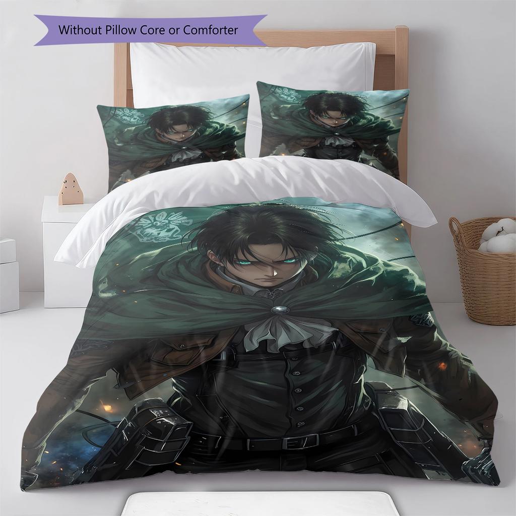 Pościel z motywem Attack on Titan, Zestaw kołdry Poszewka na kołdrę Poszewka na poduszkę Domowy prezent urodzinowy (1 * poszwa na kołdrę + 2 * poszewki na poduszki, bez rdzenia)
