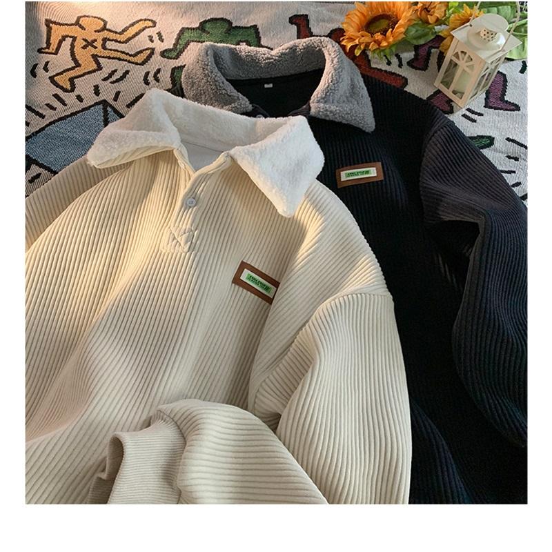 Felpa Uomo in Velluto a Coste con Collo a Polo Vestibilità Larga Manica Lunga Top Casual