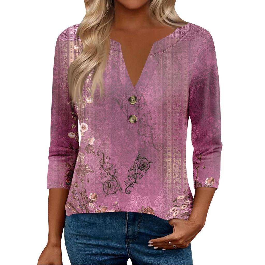 3/4 Ermer Dames Topper For Kvinner Henely Topper Knapper V-hals Løs Passform Pyntet Damesommertopper