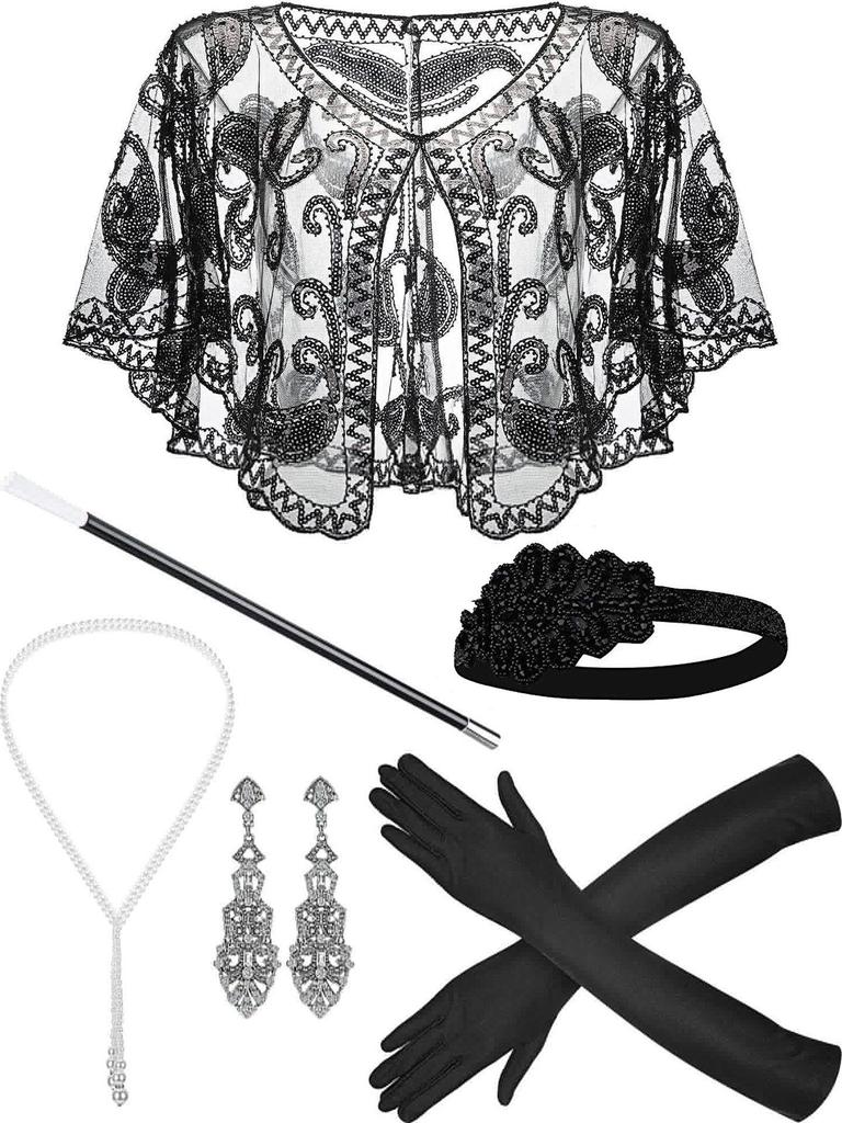 Gatsby Party Zubehör Set: Feder Stirnband, Perlenkette, Zigarettenhalter, Handschuhe, Schal - Retro Hepburn Kostüm Essentials.