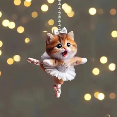 Christmas Tree Ornament Cartoon Cat Pendant with Lanyard Decorative