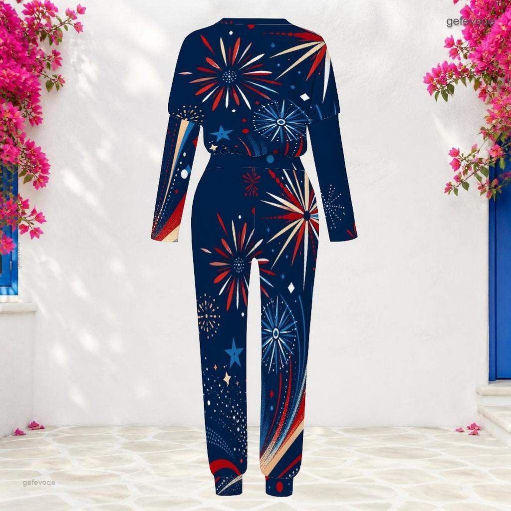 Women Plus Size Round Neck Long Sleeve Navy Printed Two Piece Set Cuffed Top Cuffed Pants With Pockets