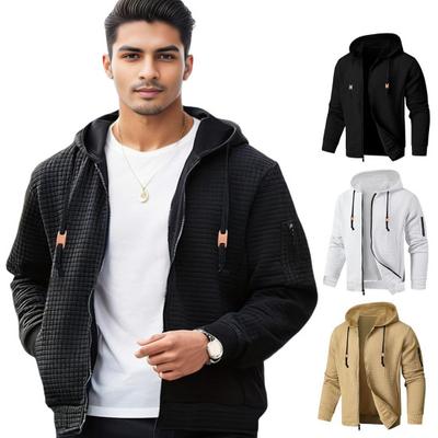 Manteau Sweat-shirt Homme à Capuche Cordon de Serrage Manches Longues Texture Gaufre Veste de Sport avec Poches Couleur Unie Décontracté Ample Vêtement d'Extérieur