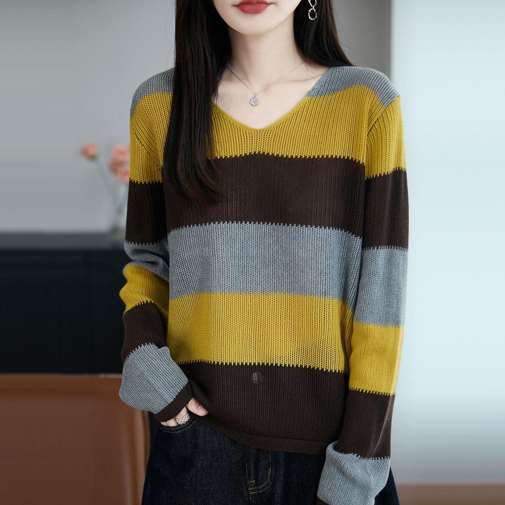 Women's Autumn V-Neck Color Block Striped Sweater - Soft, Loose, and Versatile