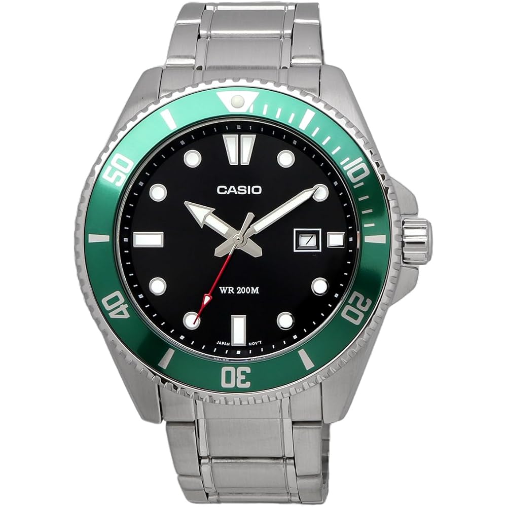 Casio Standard Analog Sports Watch 20 ATM Water Resistant Men's Green Bezel Metal Band