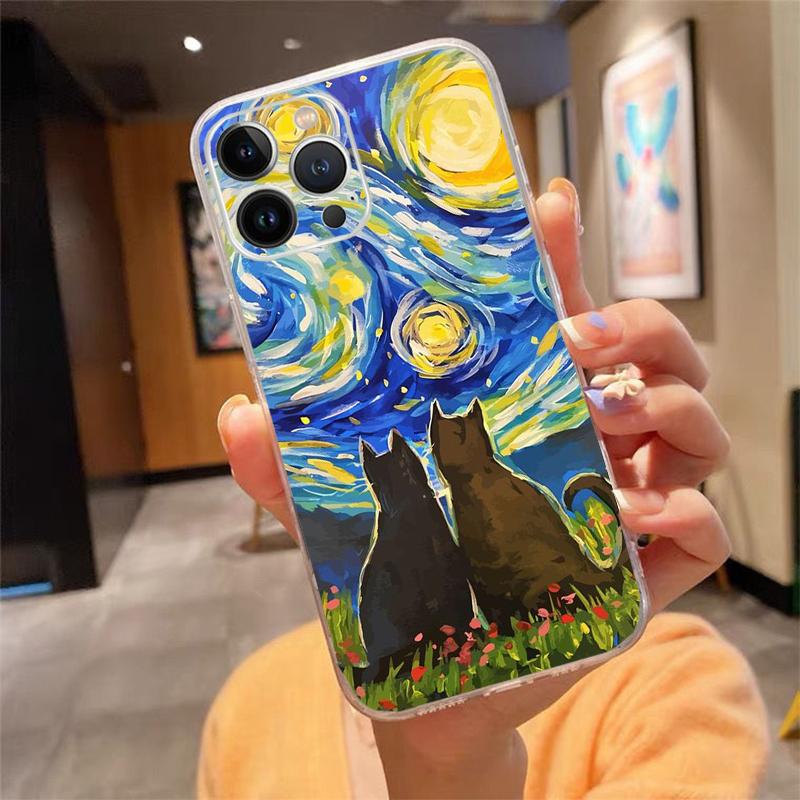 

Phone Case For iphone 17 Pro Max Air 16 15 14 13 Pro Max 15 16 Pro 15Plus Cat Starry Night Van Gogh iPhone 13Pro