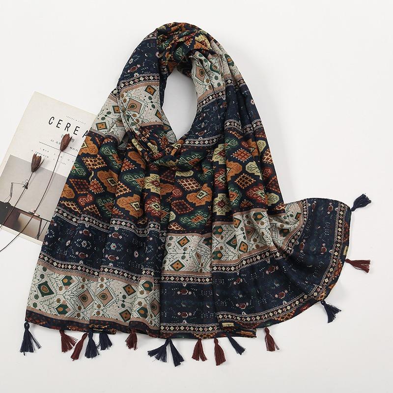 Spring and Autumn New Bali Yarn Tassel Retro Printed Geometric Scarf Versatile Fashion Travel Sunscreen Shawl Silk Scarf Women