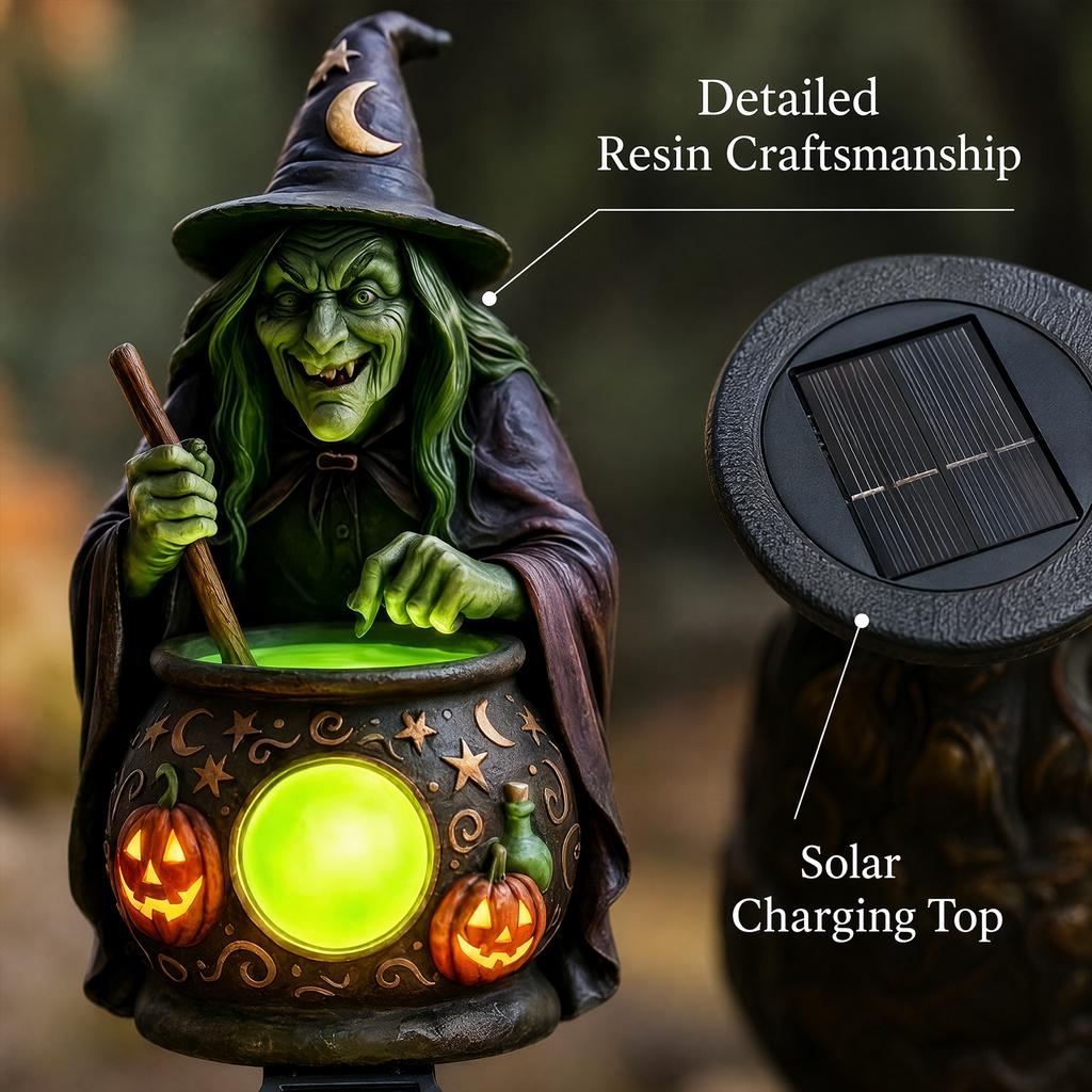 Halloween Yard Solar Stake Light Witch Cauldron Pumpkin Resin Garden Lantern Dusk to Dawn Auto On Off Path Decor