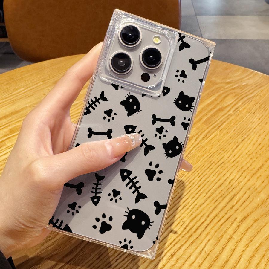 Simple and Creative Cute Fish Cat Claw 14 Plus 13 Pro Max 12 11 Rectangular Right Angled Straight Edge 15 Transparent Phone Case for Iphone 16 Promax