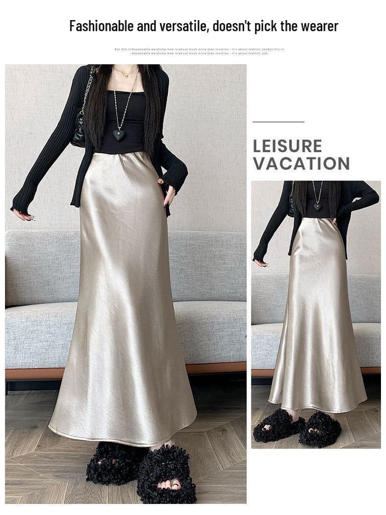 2025 Autumn High-Waisted Plus Velvet A-Line Skirt - Double-Layered Wave Polyester Fabric, Simple OL Commuting Style