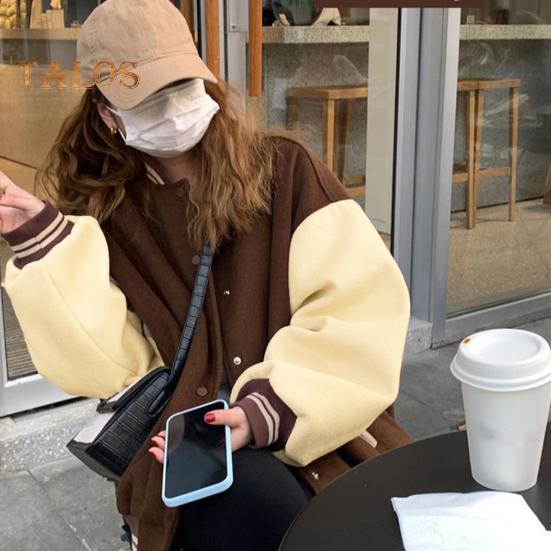 Damer Baseballjakke Fargeblokk Elastisk Mansjett Kant Ståkrage Unisex Løstsittende Overbekledning Enkeltspent Retro Amerikansk Stil Streetwear Parjakke