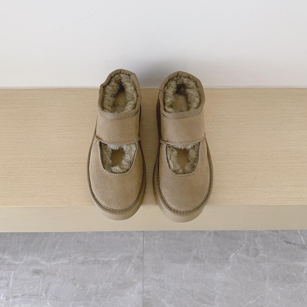 Cowhide Velvet-Lined Women's Winter Mary Janes with Thick Soles