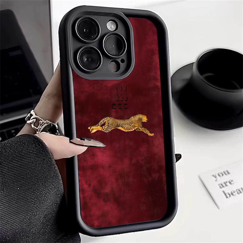 Wine Red Suede Gold Heart Leopard Silicone Phone Case For iPhone 17 16 15 14 13 12 11 Pro Max 17 Air 16E XS X XR 7 8 Plus Cover