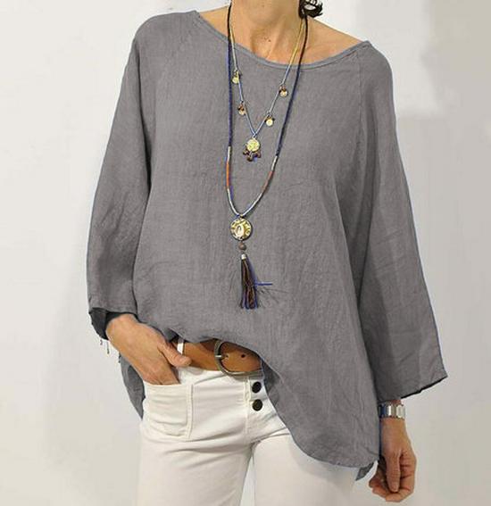 In Stock 2025 Women's Solid Color Cotton Linen Raglan Sleeve Round Neck Top