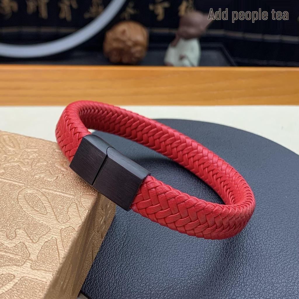 Czerwona skórzana pleciona bransoletka dla mężczyzn – Modny czerwony sznurek, prezent na Rok Benming, Rok Węża.