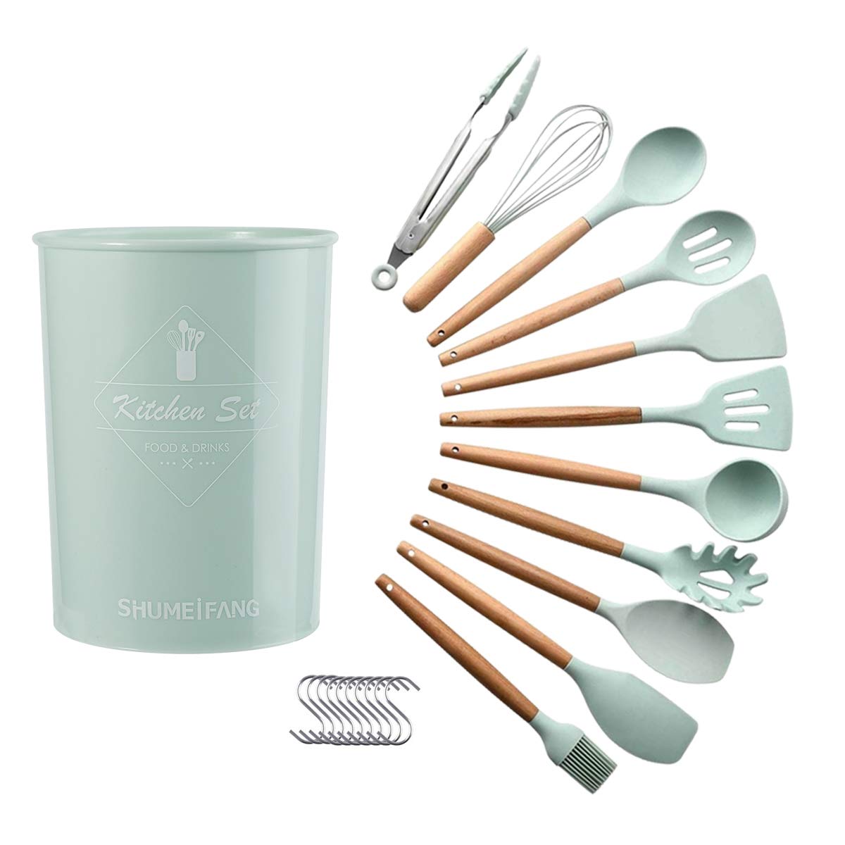 

Shumeifang Kitchen Tool Silicone Stainless Includes Spaghetti and with Storage Japan Food Safety Light Blue 11-Piece Set, & Steel, Whisk, Spatula, светло-синий