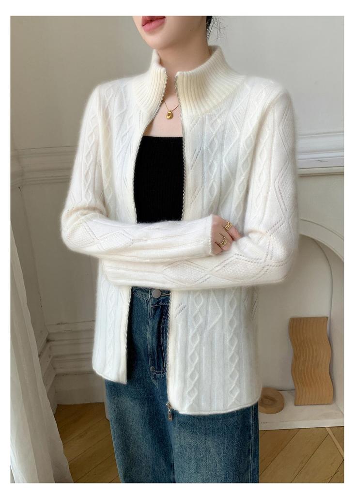 Women's High-End Cashmere Stand Collar Jacquard Zipper Cardigan Sweater - Autumn/Winter Loose Style.