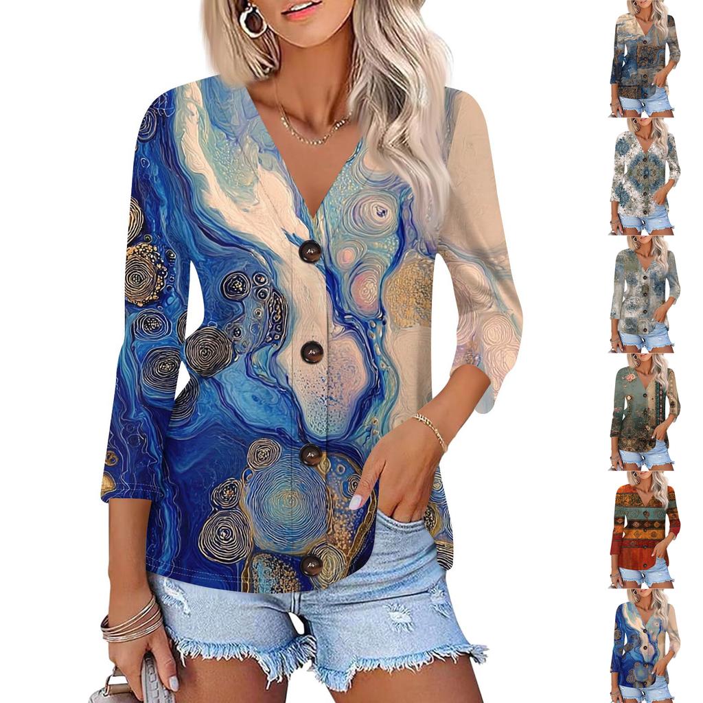 Women's Fashion Casual Printing Button-down Shirt 3/4 Long Sleeve Tops