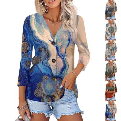Damesmode Casual Bedrukt Overhemd met Knoopsluiting 3/4 Lange Mouwen Tops