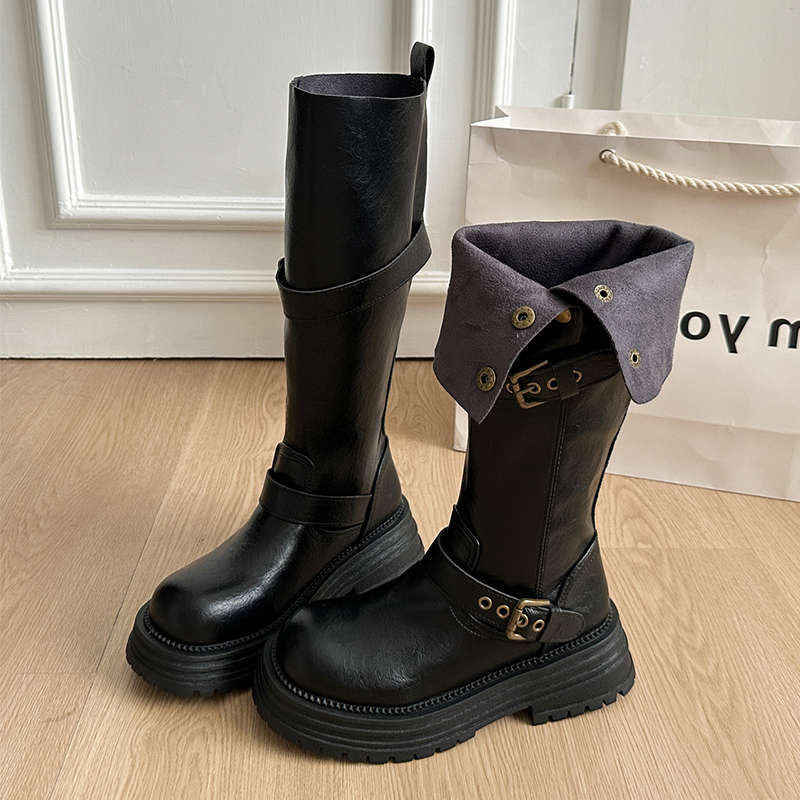 Black Retro British Style Thick Heel Platform Boots Women's 2025 New Autumn But Knee Height Knight Boots