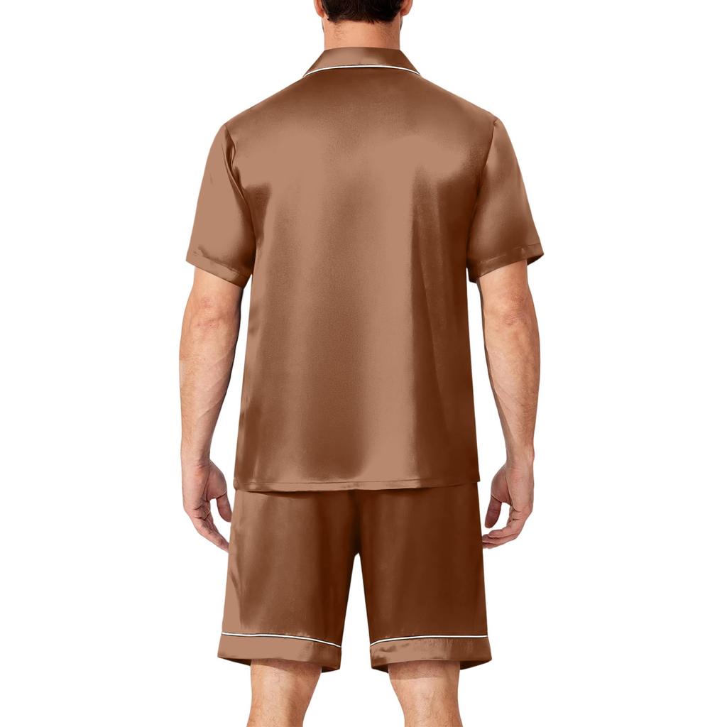 Men's Short Sleeve Button Down Pajama Set with Sleep Shorts Soft Casual Two-Piece Nightwear for Home Size S-4XL