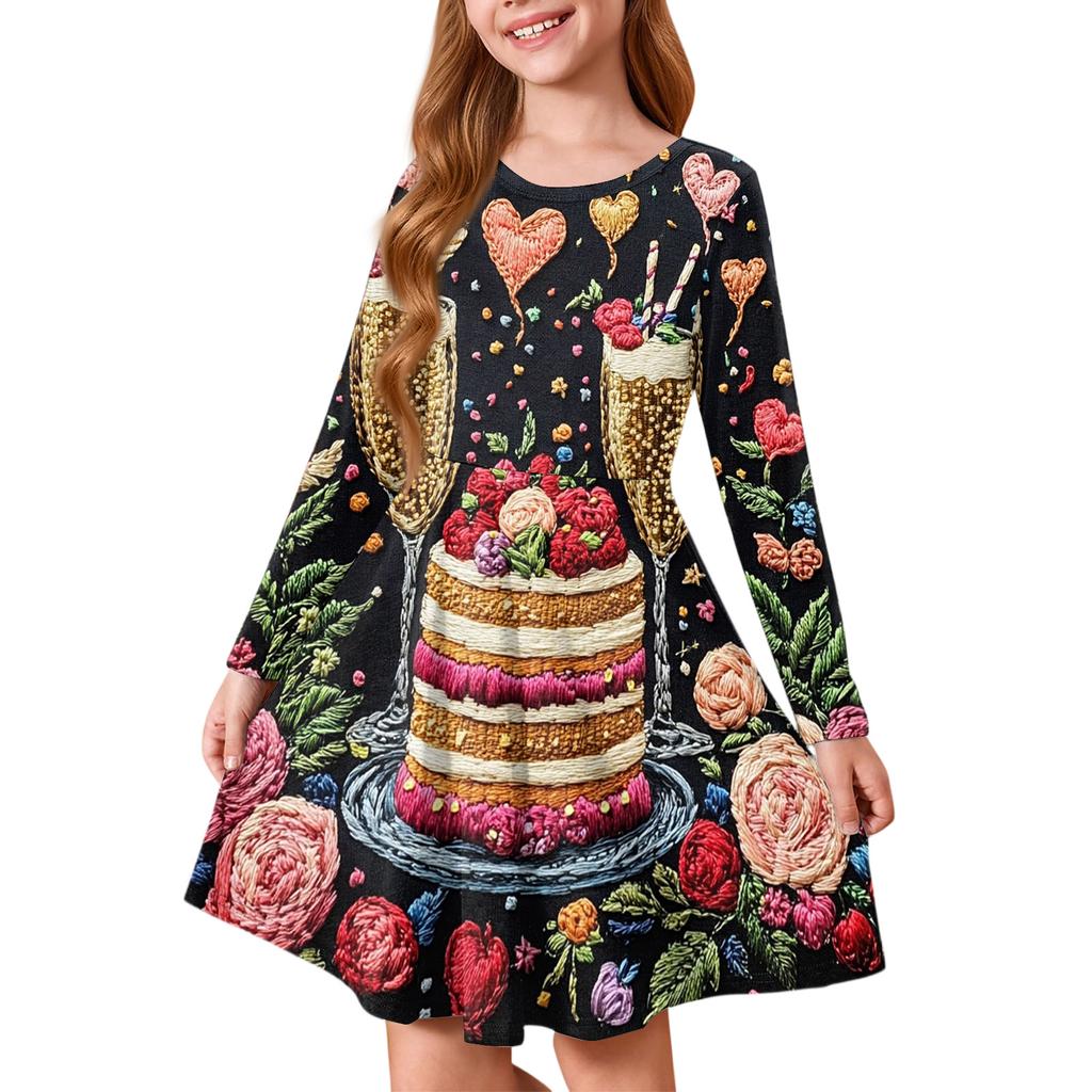 Sommer-Prinzessinnenkleid für Mädchen, Langarm A-Linien T-Shirt-Kleid Valentinstag