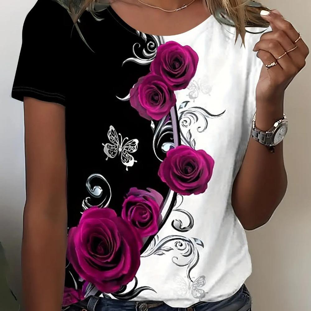 Elegant and Stylish Women's T-shirt with Colorful Roses and a Round Neckline, a Versatile and Refreshing Y2K-style Top for Summer