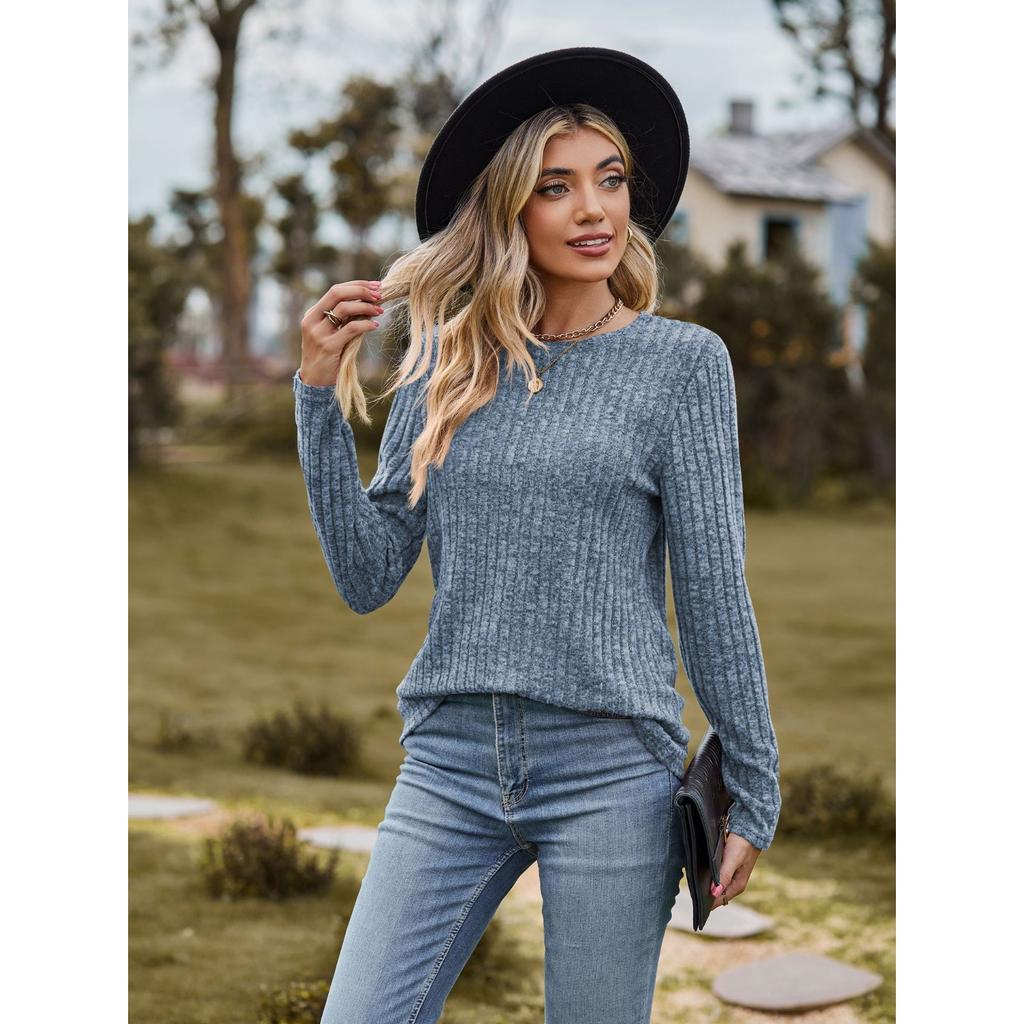 GMXIA Autumn Women's Round Neck Frosted Pit Strip Solid Color Top Long Sleeve T-shirt
