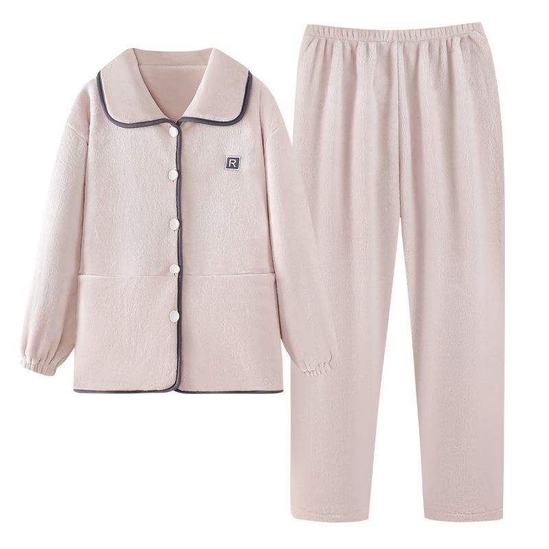 Winter Coral Fleece Pajamas Couple Men And Women Long-Sleeved Cardigan Fleece Thickened Flannel Thermal Loungewear Set