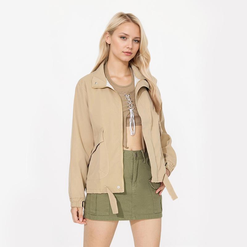 Jachetă de damă cu revere, largă, culoare uni, cu fermoar, mâneci lungi