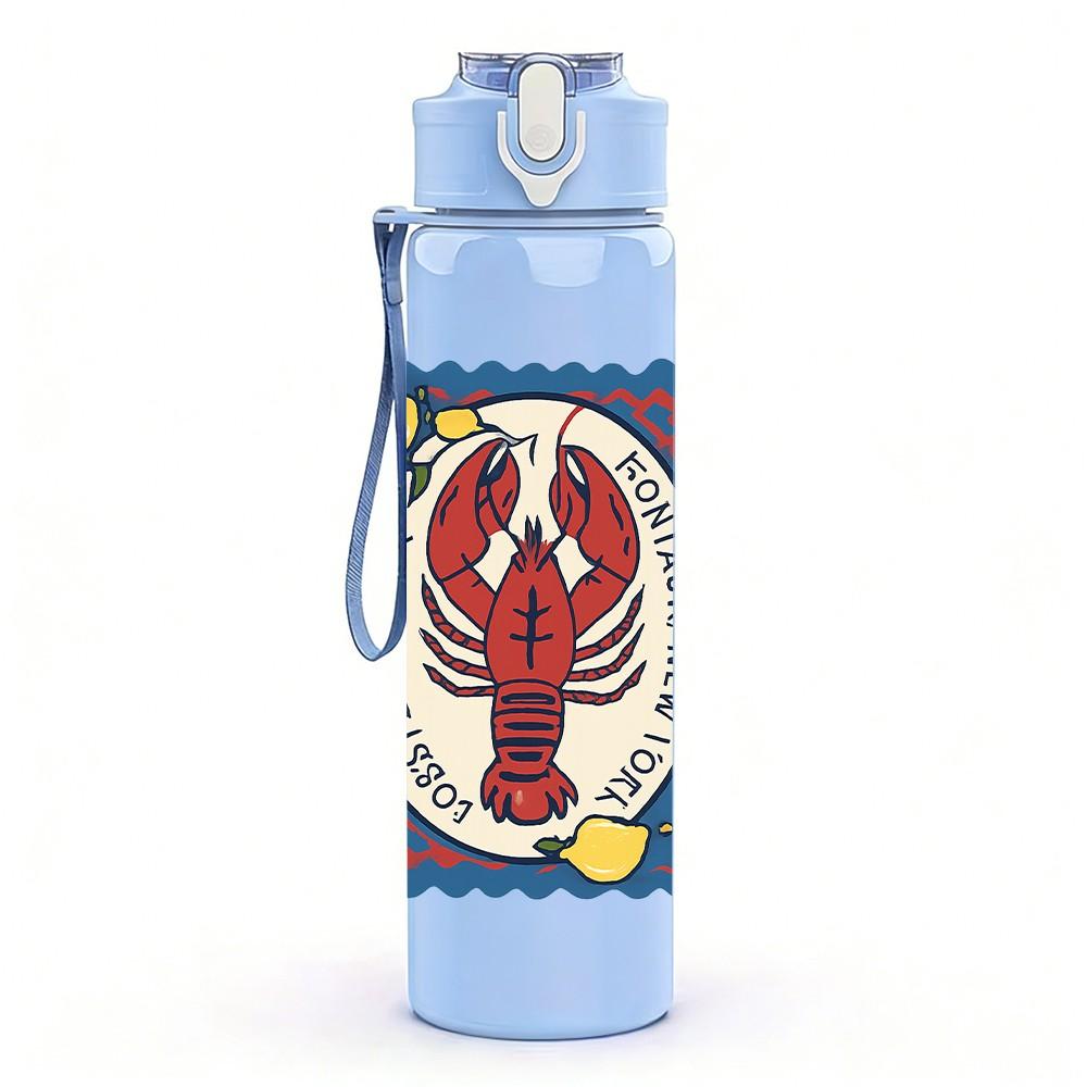 1PC Vintage Lobster Stamp Art 750ml Color Plastic Sports Water Bottle Leakproof Flip Straw Lid Suitable for Sports Office Home Use