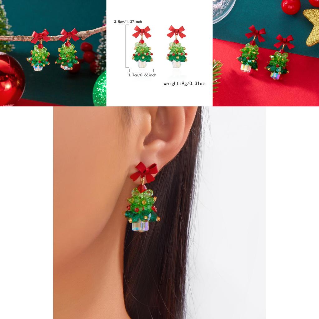 Christmas Tree Earrings Girls Alloy Red Bow Sparkling Jewelry With Holiday Style For Women