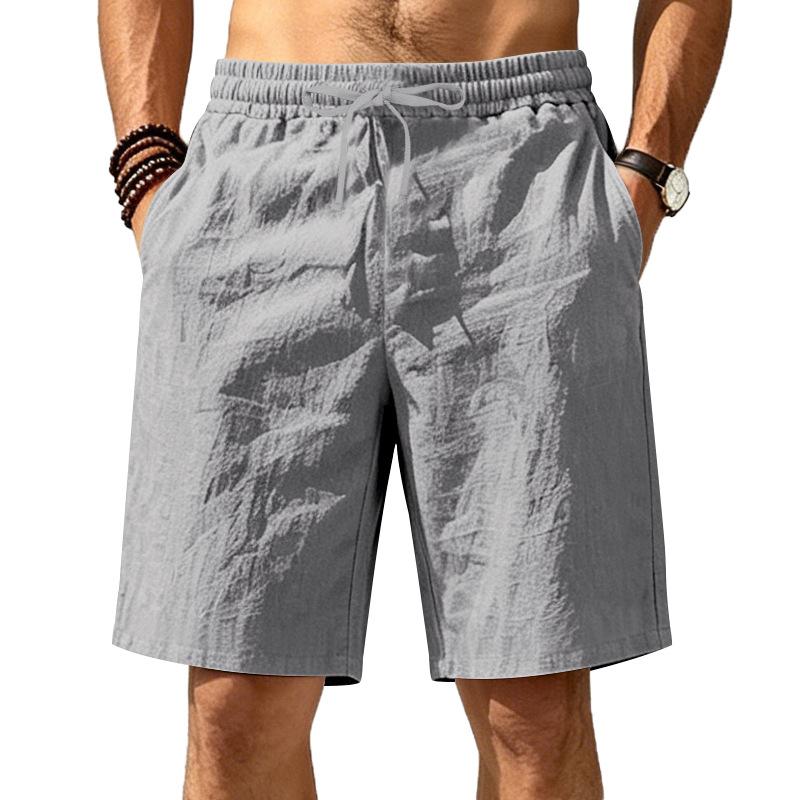 Summer Loose Linen Breathable Casual Sports Simple Solid Color Drawstring Vacation Beach Five Quarter Shorts